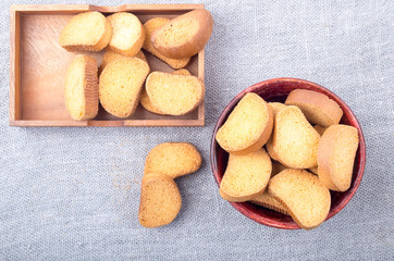 Top view  on slices of dried bread