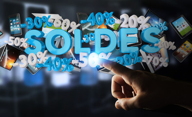 Businessman touching sales icons with his finger 3D rendering