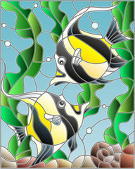Illustration in stained glass style with a pair of Moorish idols on the background of water and algae
