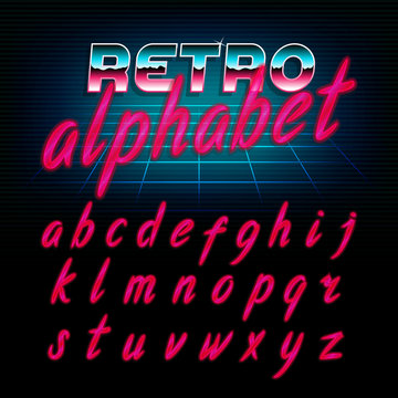 80's retro alphabet font. Glow effect shiny lowercase letters. Vector typeface for flyers, headlines, posters etc.