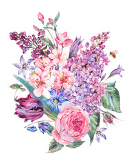 Watercolor spring bouquet with pink flowers lilacs, tulips, rose