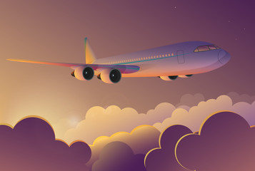 Airplane flying in the sky at sunrise. Airplane travel journey flight vector cartoon illustration.