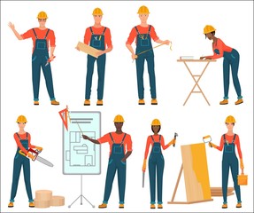 Architect and construction builders workers. Civil engineer. Male and female construction team characters set isolated.