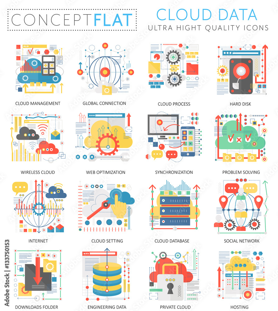 Aufkleber Infographics mini concept Cloud data icons for web. Premium quality color conceptual flat design web graphics icons elements. Cloud big data concepts.