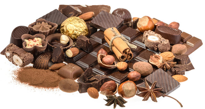 Delicious chocolates isolated on white background