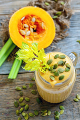 Healthy pumpkin smoothie with celery and bananas.