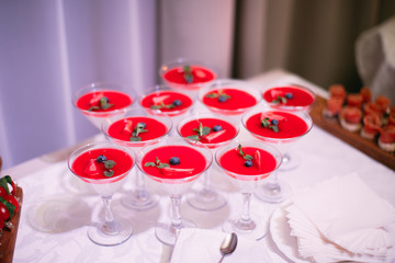 Wedding Party. Red cocktails in glasses ready for party people. Red cocktail at wedding reception.