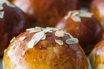 Fresh baked homemade buns on the table for breakfast Baking traditional Swedish semla bread