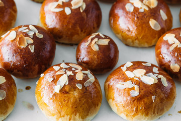 Fresh baked homemade buns on the table for breakfast Baking traditional Swedish semla bread