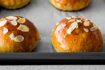 Fresh baked homemade buns on the table for breakfast Baking traditional Swedish semla bread