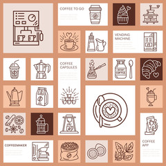 Coffee making equipment vector line icons. Tools - moka pot, french press, coffee grinder, espresso, vending, plant. Linear restaurant, shop pictogram with editable stroke for menu.