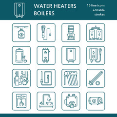 Water heater, boiler, thermostat, electric, gas, solar heaters and other house heating equipment line icons. Thin linear pictogram with editable strokes for hardware store. Household appliances signs.