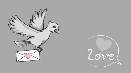 Love letter and pigeon post. Love heart design on envelope for Valentines day. Dove drawing in doodle style.