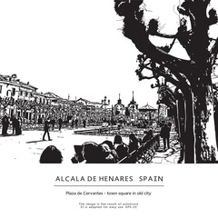 Town Square in old city. Vector illustration.
Plaza of Cervantes in Alcala de Henares, province Madrid. 
This image is the result of auto-trace. It is adapted for easy use.