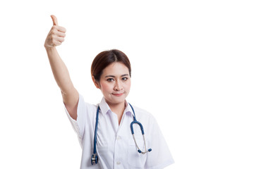 Young Asian female doctor show thumbs up.