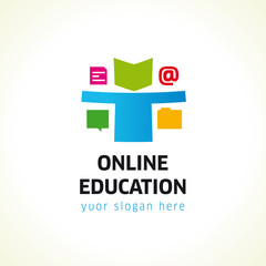 Online education vector brand logo. Office man, open book, arroba at symbol, folder and letter blank. Internet school, student or e library. Branding computers settings or smartphone application icon.