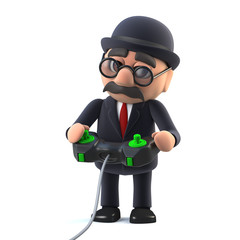 3d Bowler hatted British businessman playing a videogame