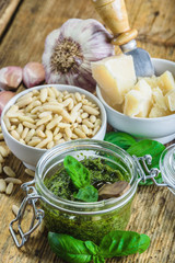 Italian pesto sauce served with pasta trofie.
