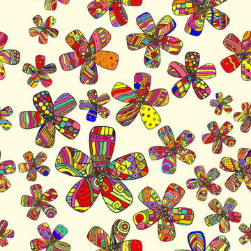 Vector Pattern 60s. Seamless Background Inspired Flower Power. Counterculture, Social Revolution In 1960s