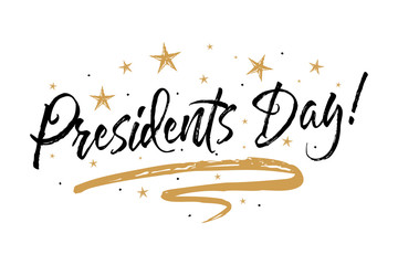 Presidents day. Beautiful greeting card calligraphy black text word gold fireworks. Hand drawn invitation T-shirt print design. Handwritten modern brush lettering white background isolated vector