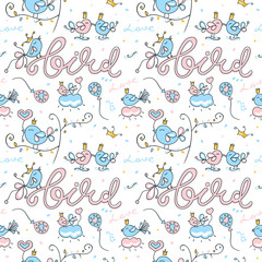 Birds seamless pattern on white background. Template Valentines Day. Love, heart, trees, crown.