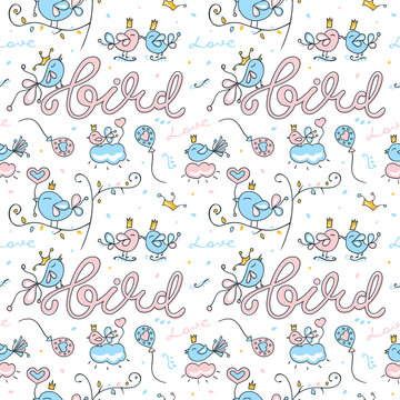 Birds seamless pattern on white background. Template Valentines Day. Love, heart, trees, crown.