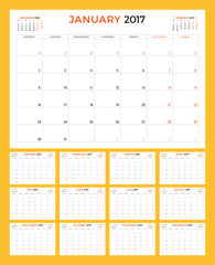 Calendar Template for 2017 Year. Week Starts Monday. Set of 12 Months. Stationery Design. Vector Illustration