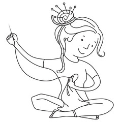 Girl sewing, line vector