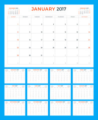 Calendar Template for 2017 Year. Week Starts Sunday. Set of 12 Months. Stationery Design. Vector Illustration