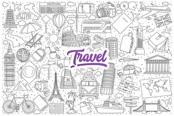 Hand drawn set of travel doodles with bright purple lettering in vector