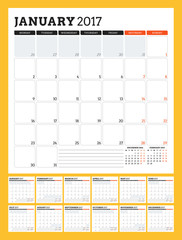 Calendar Template for 2017 Year. Week Starts Monday. Set of 12 Months. Stationery Design. Vector Illustration