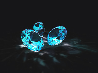 3d illustration blue diamonds with black background and reflection