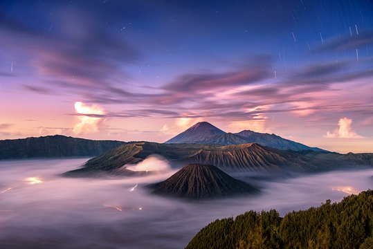 Fallen stars with wonderful sky at sunrise over Mount. Bromo, Indonesia
