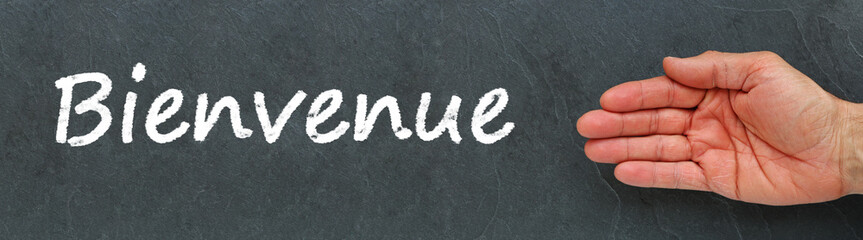 Bienvenue à la craie et main accueillante sur ardoise  © lefebvre_jonathan