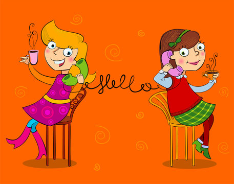 Two cartoon girls talking telephone Stock Vector | Adobe Stock