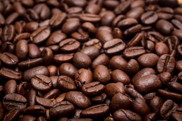 Organic coffee beans in background close up.