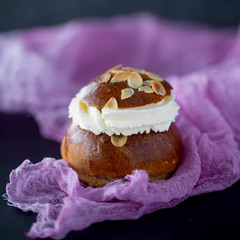 Fresh baked homemade buns on the table for breakfast Baking traditional Swedish semla bread