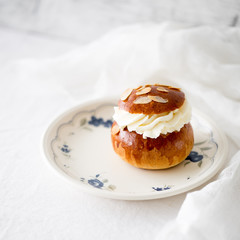 Semla traditional swedish homemade sweet roll bun baked in various forms in the Nordic countries on Shrove Monday and Shrove Tuesday