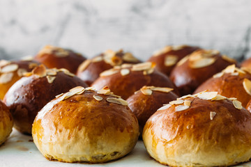 Fresh baked homemade buns on the table for breakfast Baking traditional Swedish semla bread