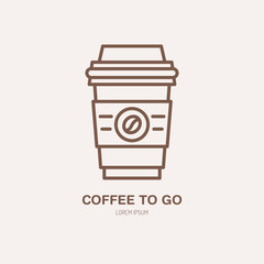 Vector line icon of coffee to go. Barista equipment linear logo. Outline symbol for cafe, bar, shop, food delivery.