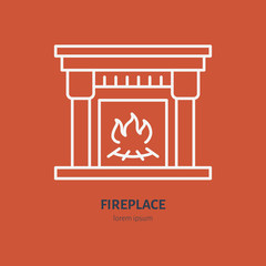 Fireplace with fire vector line icon, house heating equipment. Interior object flat sign, design element.