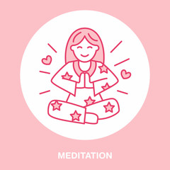 Smiling girl in padmasana, yoga line logo. Icon of woman meditation, relaxation and love energy. Vector illustration for spiritual development center, pink color.