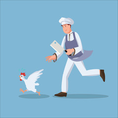 Chef chasing chicken flat illustration