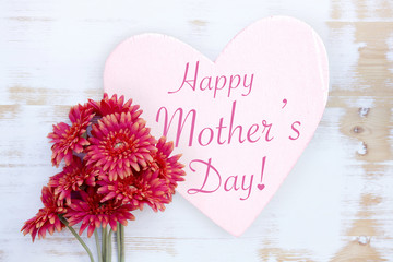 Plakat flowers with wooden heart with words Happy Mothers Day