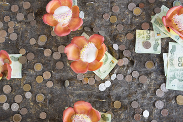 Coin donation in the Buddha's footprint,Sangkhlaburi, Kanchanaburi , Thailand