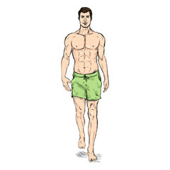 Vector ketch Fashion Male Model in Blue Beach Shorts