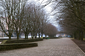 A deserted alley in cloudy weather.