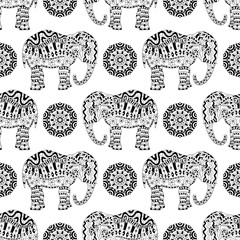 Endless texture with stylized patterned elephant and mandala in