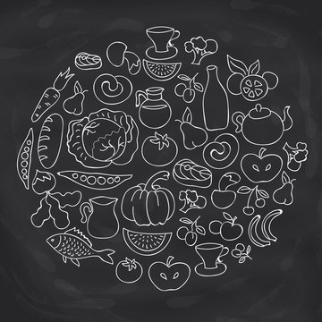 Hand drawn food ring label. Vector sketch chalk board drawing foods icon collection
