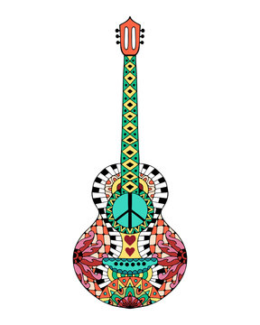 Hand drawn hippie acoustic guitar for anti stress colouring page
